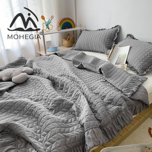 MOHEGIA 여름 패션 새로운 간단한 니트 코튼 여름 시원한 이불 부드러운 피부 친화적 인 에어컨 이불, Seersucker-그레이, 200x 230cm-여름 퀼트 베갯잇케이스 1 쌍