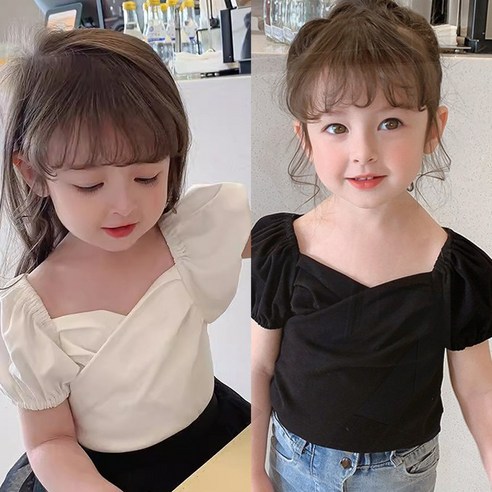 [총 2장증정] 블랙+화이트 1+1 여아 볼륨 셔링 블라우스 티셔츠