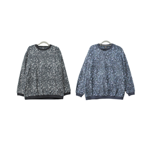 코오롱스포츠 여성 양면 기모 티셔츠 – 다크그레이/블루 조약돌 모티브, 시보리 라운드티 – JKTBW20232 DGY BLU