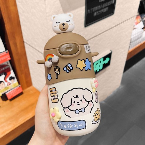 [LM] 500ml 곰 스티커 보온병 스테인레스 스틸 절연 뜨거운 음료 컵 밀짚 선물, {"크기":"500ml"}, Coffee C
