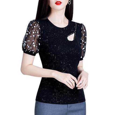 댄스복 상의 여성 블링블링 퍼프 슬림 반팔 티 Women's T-shirt 9T255