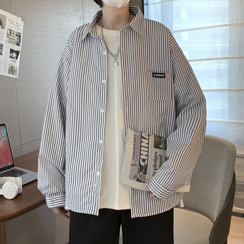 KORELAN 스트라이프 셔츠 남성 긴팔 캐주얼 미나토 루즈핏 데일리 와펜 멋스러운 트렌치 코트