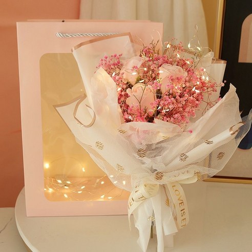 [ 아르띠콜로 램프 안개꽃다발 ] 특별한선물 드라이플라워 프리저브드플라워 생일선물 led 안개꽃 핑크 꽃다발 조화 여자친구 꽃 기념일 졸업 발렌타인 선물