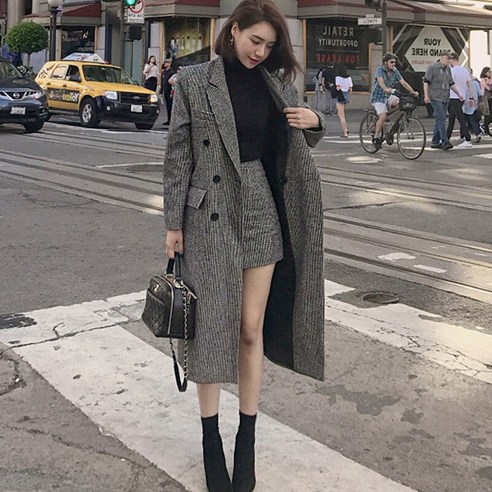 모직 코트 가을 새로운 한국어 스타일 긴 격자 무늬 코트 우아한 스커트 두 조각 정장 여성