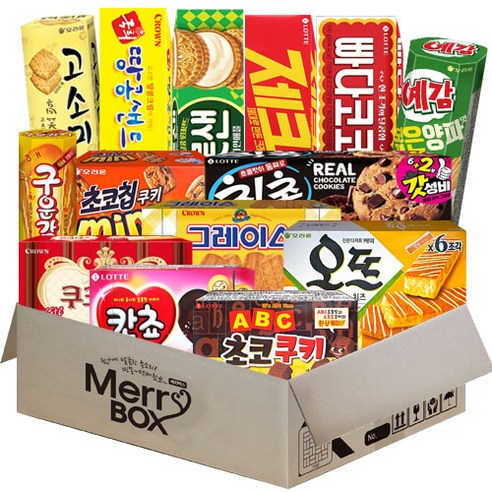 메리박스 과자세트 14종(ABC초코쿠키+빠다코코넛+칸쵸+제크+롯데샌드파인+오뜨치즈+국희땅콩샌드+그레이스+쿠크다스화이트+초코칩미니+고소미+예감볶은양파+구운감자+칙촉), 1박스
