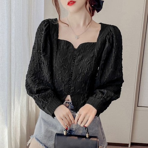 넷투넷코리아 여성 크롭 스퀘어넥 블라우스 단색 데일리 하객룩