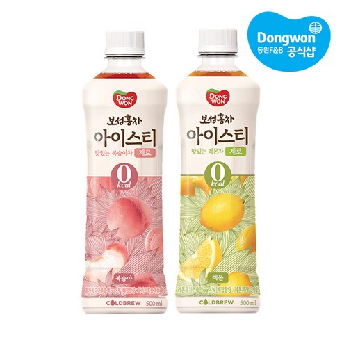 [동원] 보성홍차 아이스티 제로 복숭아 500ml 12개 + 레몬 500ml 12개, 24개