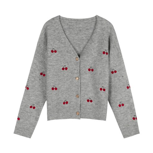 Hooozen 루스 오버사이즈 체리 패턴 디자인 젠틀 스타일 브이-넥 스웨터 재킷 가디건