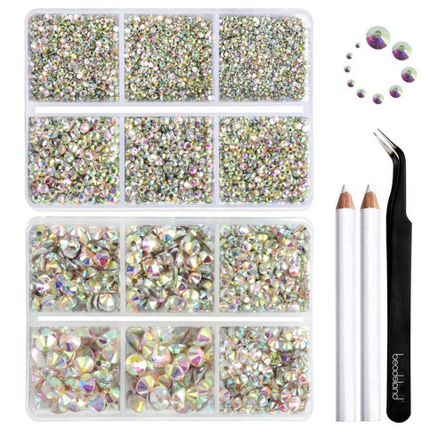 Beadsland(비즈랜드) 네일 아트 공예용 8300PCS 플랫백 라인석 세트 왁스 펜슬 및 핀셋과 혼합된 10가지 크기 SS3-SS30, 8300개, 크리스탈AB