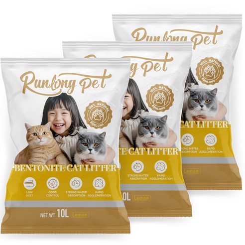 RUNLONG PET 벤토나이트 고양이 모래 오리지널 대용량 먼지없는 캣 샌드, 레몬맛, 3개, 10L