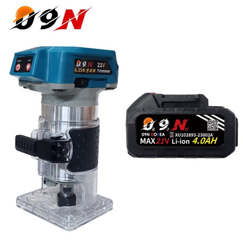 공구엔 18V 무선 충전 트리머 라우터 09NTRM-22000 6mm 6.35mm 생크 트리머기계 목공 홈파기기계, 1개, 베어툴 + 추가배터리1개