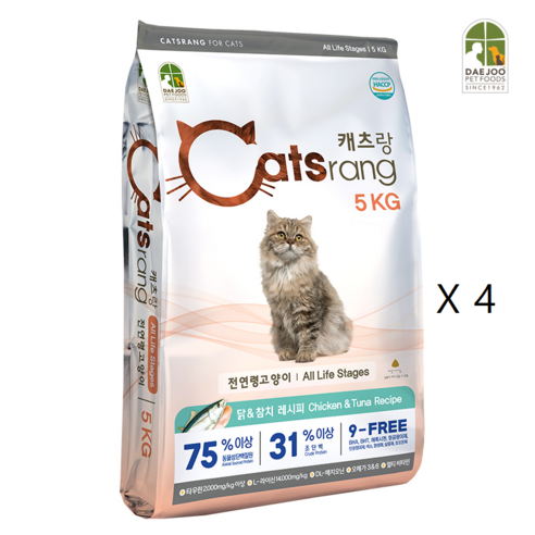   캐츠랑 전연령 20kg (5kg X 4개) 전연령 올라이프 고양이 건식사료 닭고기 + 참치 길냥이사료 길고양이 캐츠랑 대용량사료, 상세페이지 참조, 5kg, 4개