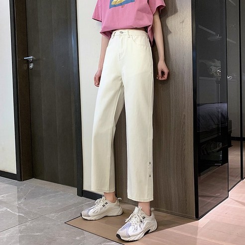 여성 청바지 가을 한국 스타일 새로운 높은 허리 슬리밍 라이트 컬러 자른 넓은 바지 인터넷 바지 패션