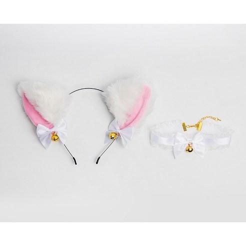 고양이 귀 방울 머리띠 + 초커 세트, 1세트, 화이트