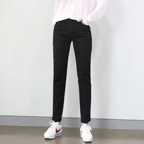 원타임 여성용 스판 속밴딩 일자블랙팬츠