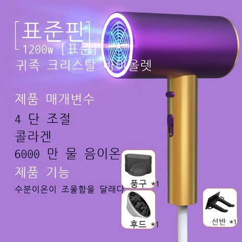 독일 드라이어 가정용 미용실 전용 고성능 음이온 보호 드라이어, 퍼플 골드 1200W