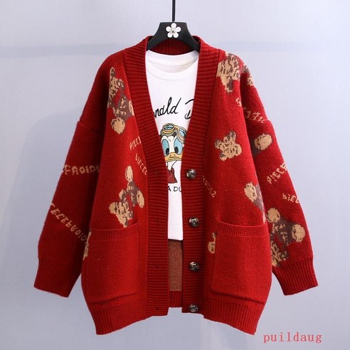 곰 스웨터 코트 느슨한 빨간 니트 카디건 여성의 봄 가을 겨울 두껍게