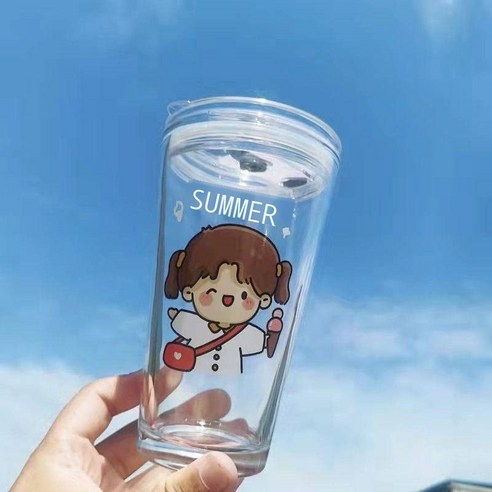 빨대 컵 여학생 한국판 ins풍 유리컵 가정용 뚜껑 휴대용 우유컵 소녀심 물컵 실크 프린트 곰 싱글컵, 구운 꽃무늬 소녀(컵+단열컵 세트 총 6종 세트)