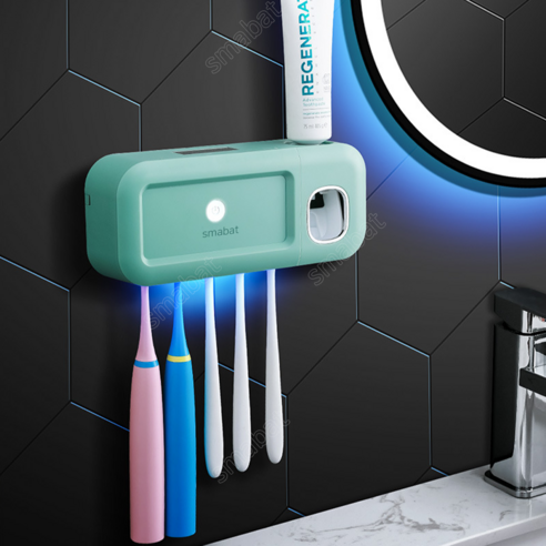 Smabat 자외선 살균 칫솔살균기 가정용 무선 칫솔살균기 USB충전 광충전 무타공 접착스티커, 그린