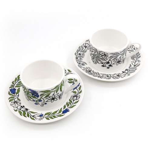 NyHavn 션사인 가든 세라믹 커피잔 2개 + 받침대, 블루 그린 + 블랙 화이트, 1개