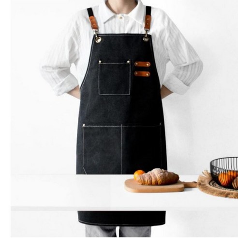 Aras 심플한 앞치마 캔버스 주머니 남녀공용 공방 주방 원예 다용도 까페 화실 방수 미술, 블랙, 1개