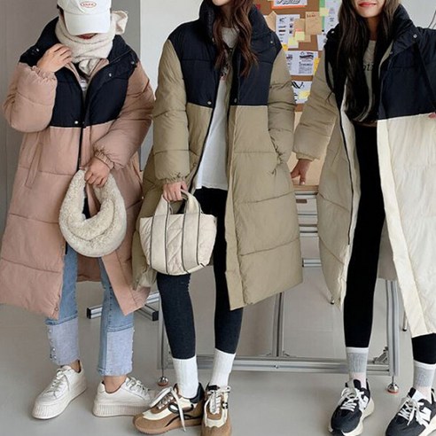베레 배색 롱 패딩