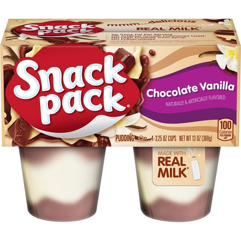 Snack Pack Chocolate Vanilla Pudding Cups 스낵 팩 초콜릿 바닐라 푸딩 컵 4개입1팩 12팩 48개입, 368g