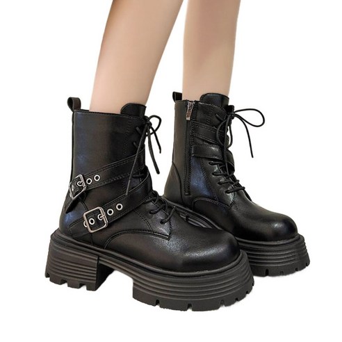 도오빠 라이흐 여성 가죽 통굽 부츠 워커 블랙 6CM 키높이 앵클 미들 버클 레이스업 여자부츠 가을 겨울 신발