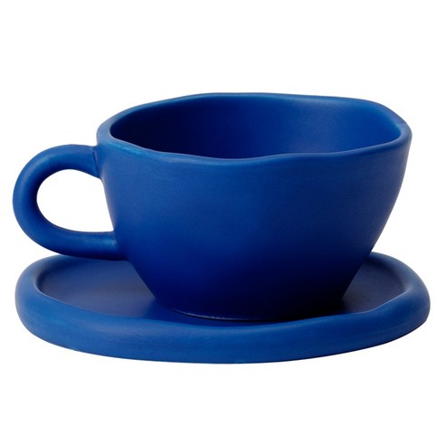 수제 매트 세라믹 커피 컵 접시 세트 미소 얼굴 찻잔 스낵 접시, 클라인 블루
