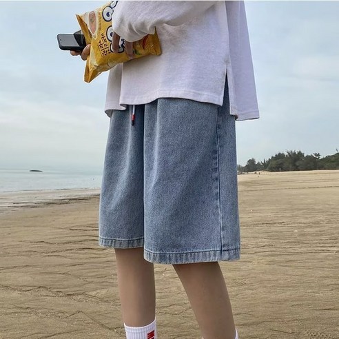 여성용 와이드 밴딩 버뮤다 데님 팬츠 데일리 여름 청 반바지 댓데님5부밴딩팬츠