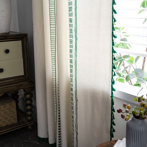 Kofeego 창문형커튼 면 마 프린트 블랙 앤 화이트 커버 침실 하늘, 가로 135*세로 46cm(150g), 펀치-기하3호 그린+그린 수술