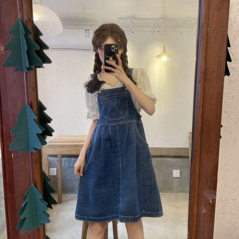 여름 데님 멜빵 스커트 여 원피스 스쿨룩 미디엄 무릎넘김 귀여운 학생