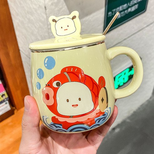 DFMEI 아이디어 페스티벌 선물 도자기 컵 뚜껑 스푼 아침 우유 머그컵서브 캐릭터 물컵, DFMEI 노란색_a159 시리즈