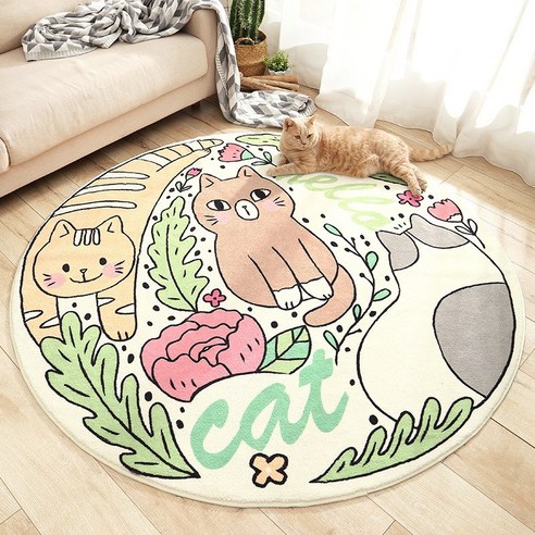 DFMEI라운드 층 매트 홈 거실 카펫 홈 층 매트 만화 등산 매트 침실 미끄럼 머리맡 카펫, 꽃 고양이, 직경 80Cm