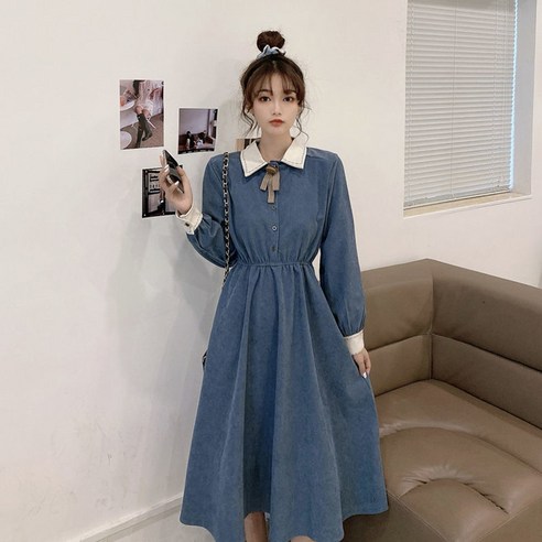 Mao긴팔 드레스 봄과 가을 새로운 한국어 스타일 프랑스 스타일 복고풍 짧은 허리 꽉 우아한 긴 복장
