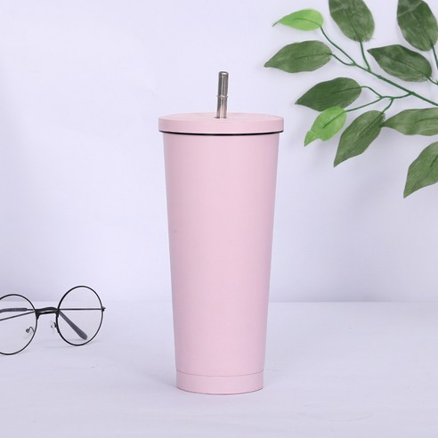 750ml스테인레스 스틸 밀짚 컵 더블 진공 커피 컵 보온컵, 대형 구멍 커버 핑크, 500ml