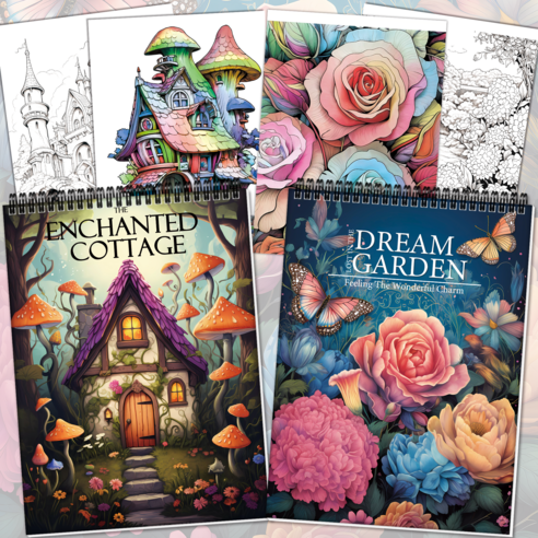 NICEROSE 성인을 위한 색칠책 세트 The Enchanted Cottage 및 Dream Garden 테마 컬러링북 - 2본 세트, 마법의 오두막과 꿈의 정원