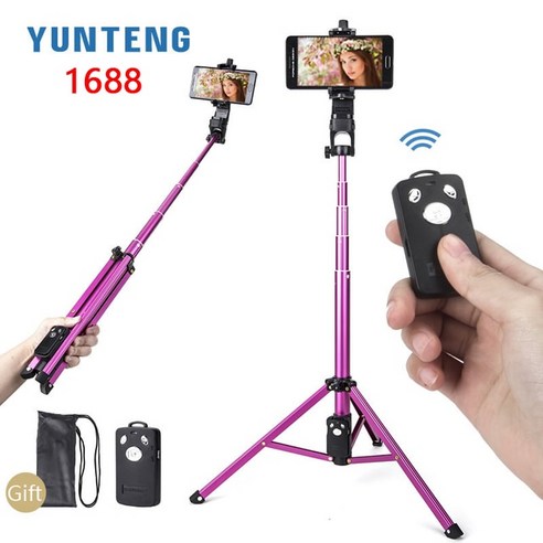 전문가용 트라이포드 Yunteng 1388 VCT-1688 51in Selfie 스틱 무선 충전 블루투스 원격 휴대용 삼각대 마, 03 1688 Red