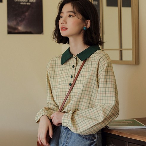 DFMEI 레트로 홍콩 스타일 격자 무늬 긴팔 셔츠 여성 느슨한 폴로 칼라 프랑스 스타일 세련된 셔츠 새로운