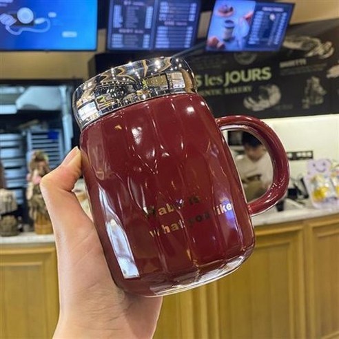 크리에이티브 커플 도자기 머그컵 사무실 뚜껑 물컵, 레 드 470 ml