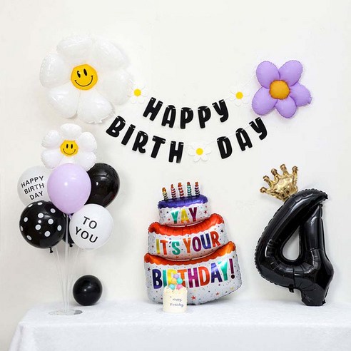 [피앤비유니티] 캐릭터무광데이지 생일케익풍선세트 스탠드형, 10-04)무광데이지생일풍선세트 4 블랙, 1세트