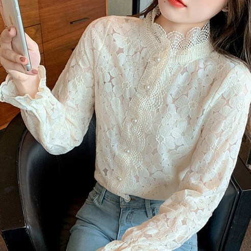 다이뻐 리틀깽스 44~77 빅사이즈 결혼식하객패션 프렌치스타일 빅플라워 꽃자수 퍼프소매 프릴 러블리 레이스 블라우스