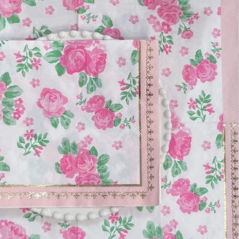 오릴리 파티 플라워 디자인 종이 냅킨 핑크 로즈 프레임 2세트, 32매입, 2개
