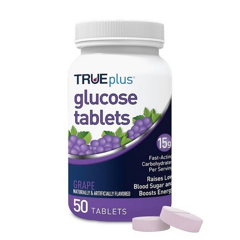 TRUEplus 포도당 정제, 츄어블, 딸기 맛, 빠르게 작용하는 탄수화물 15g, 지방 프리, 글루텐 프리, 저혈당 증가 및 에너지 향상, 50개