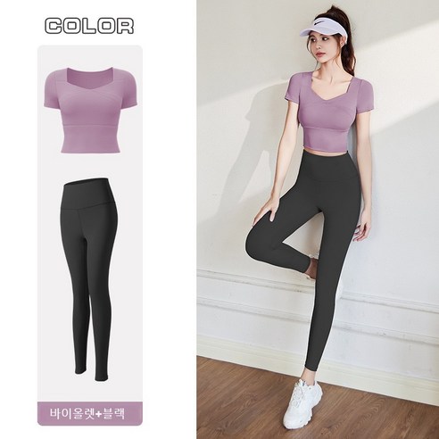 요가 필라테스 반팔+레깅스 요가복 세트 여성용 슬림핏 트레이닝 운동복 상하의 세트
