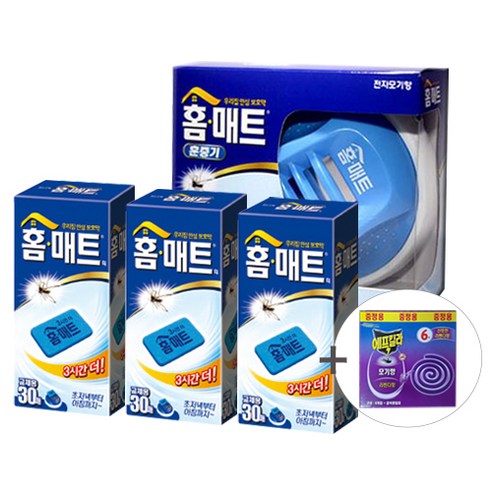 홈매트 코드룰러훈증기+교체용리필30매x3개+모기향6p 모기퇴치기 전자모기향, 1세트