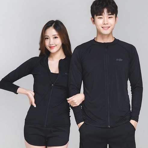 이라인 그레이로고 올블랙 집업 래쉬가드 커플 수영복 상의 단품