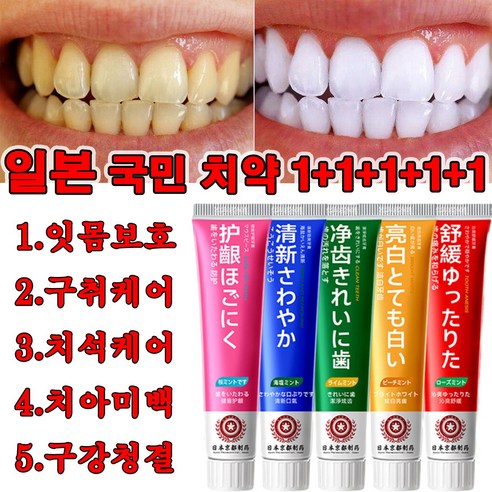 [일본국민치약] 1+1+1+1+1 미백치약 치석케어 구취제거 입냄새/구강청결/잇몸보호, 5종세트(1+1+1..., 100g, 1개