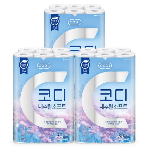 코디 내추럴소프트 3겹 롤화장지, 27m, 30롤, 3개