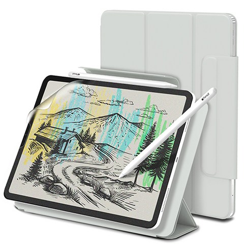신지모루 마그네틱 폴리오 애플펜슬커버 태블릿PC 케이스 + 종이질감 액정보호 필름 세트, 웜 그레이